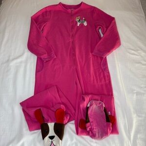 Nick & Nora Adult Small Puppy Dog Foot PJs One Piece Footie Pajamas Pink Fleece